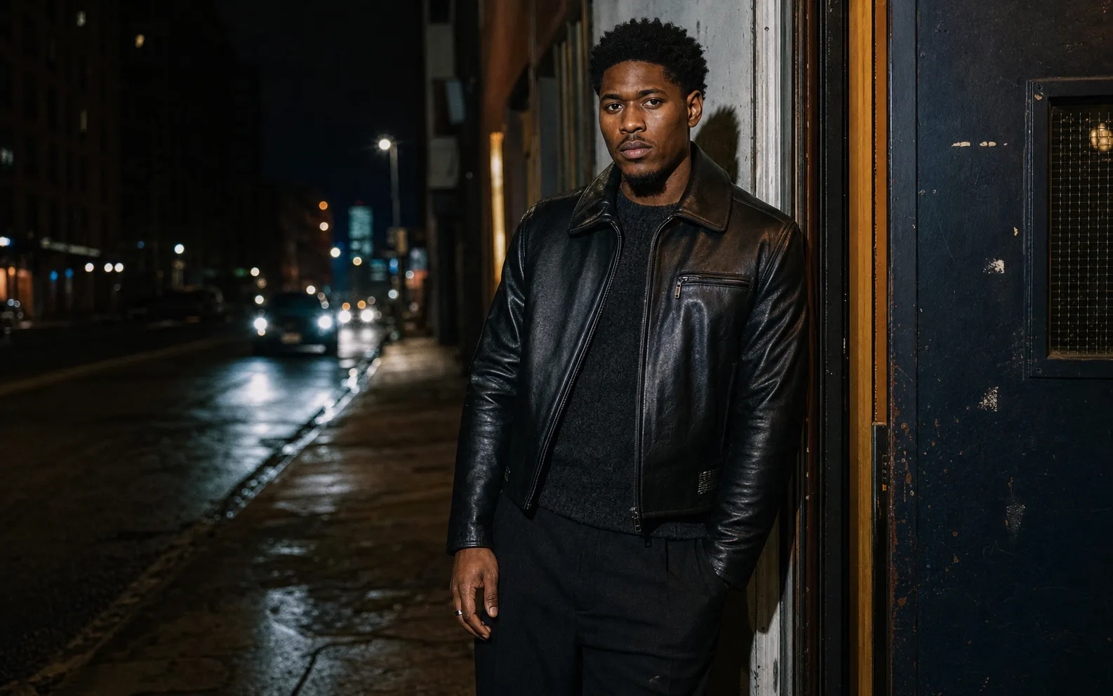 Jalen Cross in a dark overcoat outside a concrete studio at dusk.