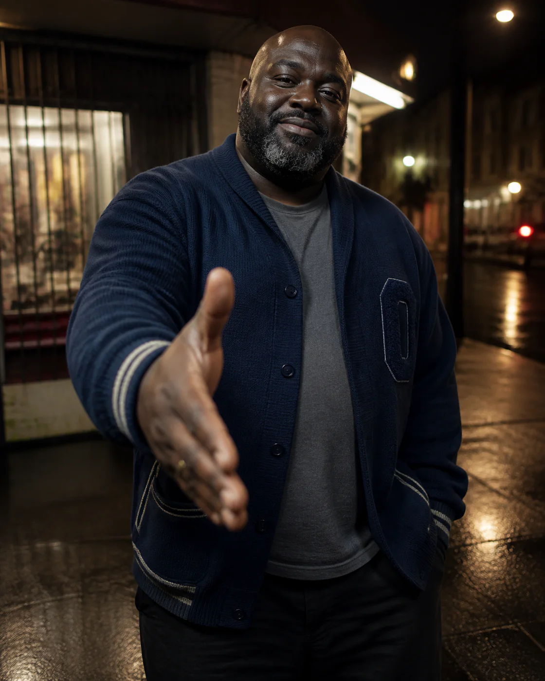 Zay Goodwin in a navy cardigan on a rain-dark Chicago street, reaching forward to offer a dap.